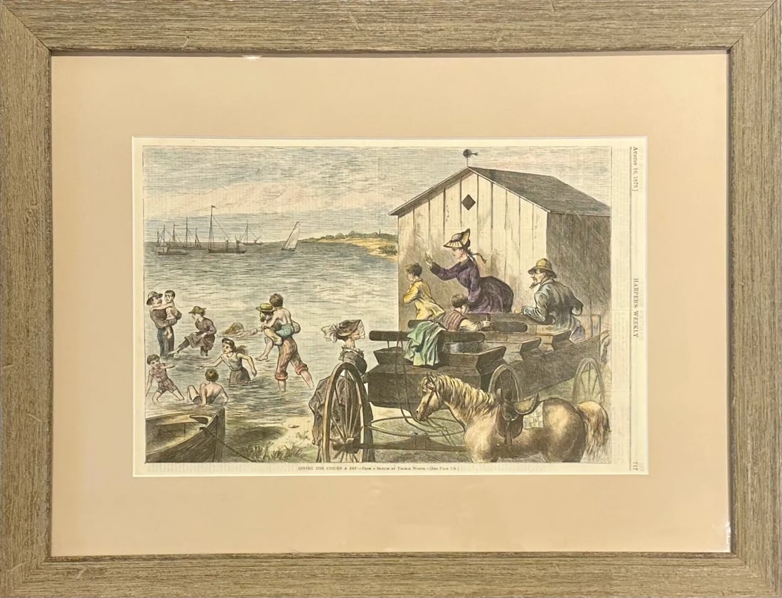 Antique Original Print Chicks Taking a Dip, 1873 (Framed) - 4