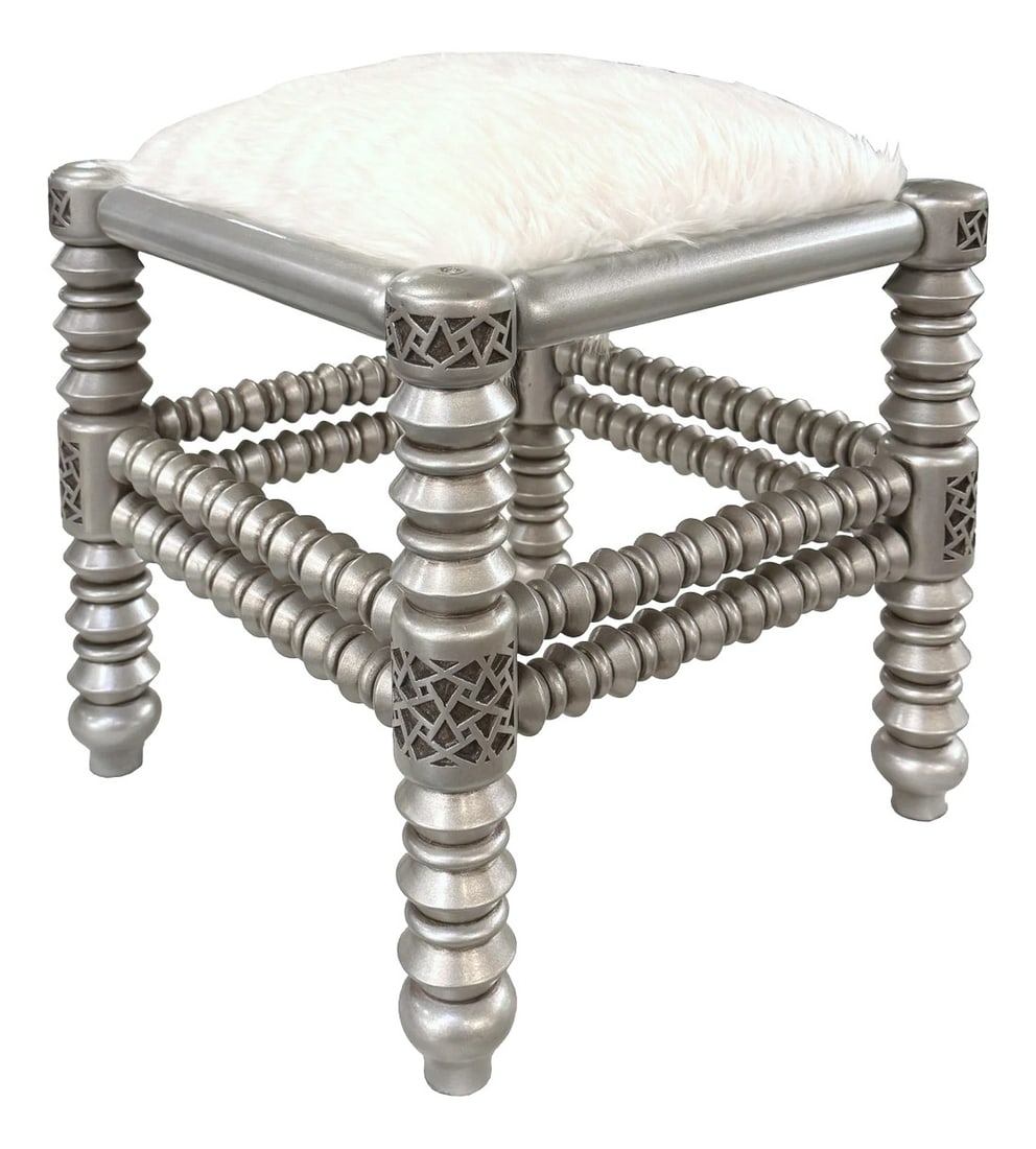 1990s Hand Carved Silver Color Low Stool: Beautiful hand crafted low stool. Each leg inlaid with hammer and chisel using geometric pattern. With the top upholstered with beautiful white color fake fur giving this stool elegant luxury look