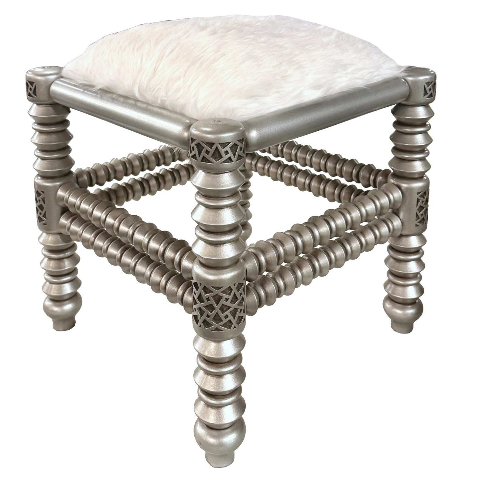 1990s Hand Carved Silver Color Low Stool - 3