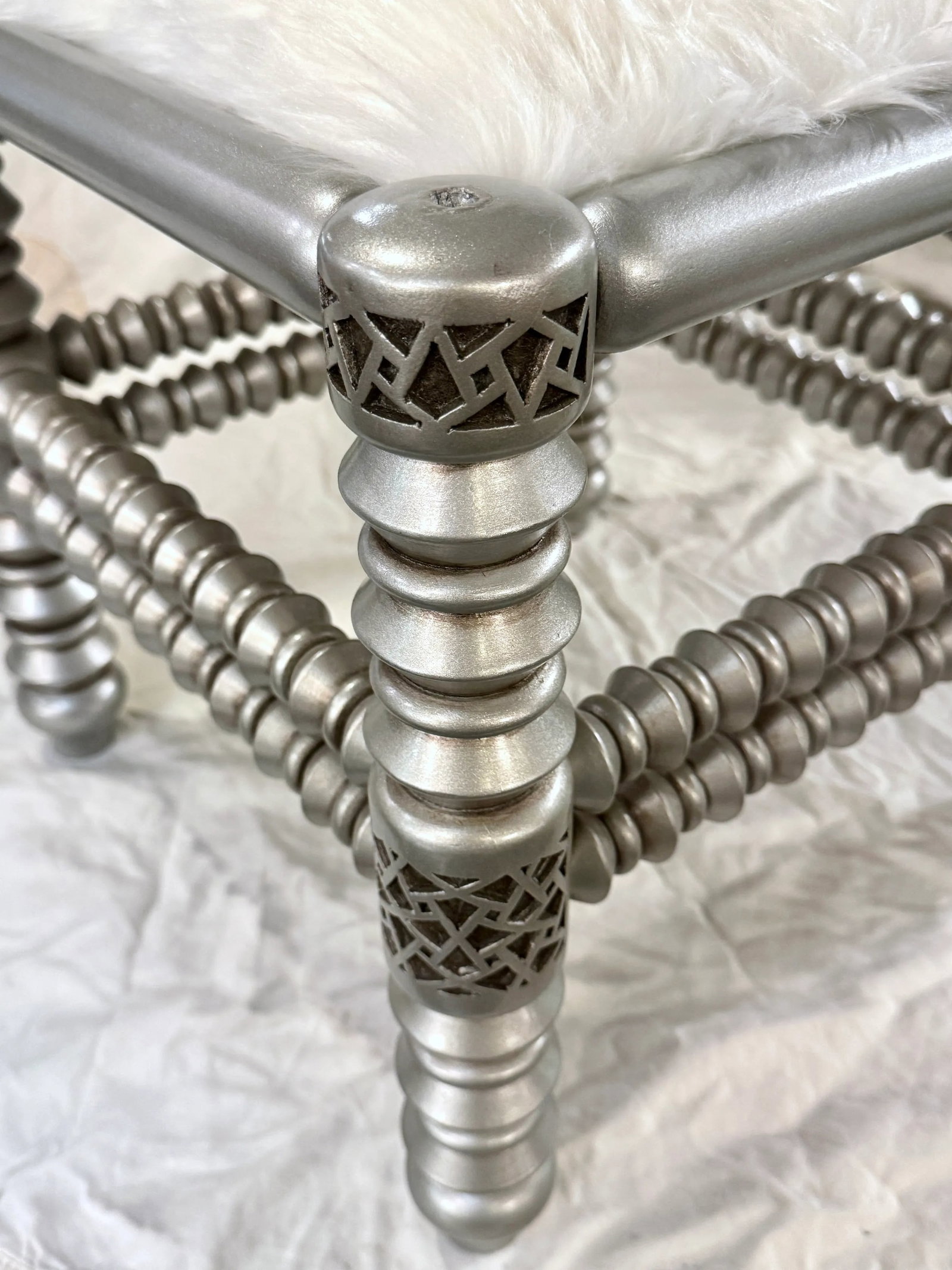 1990s Hand Carved Silver Color Low Stool - 5