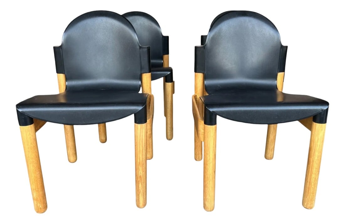 Set of 4 Restored Thonet Flex Dining Chairs by Gerd Lange – Mid-Century Modern Birch & Black: This striking set of four vintage Thonet Flex dining chairs, designed by renowned German designer Gerd Lange, captures the essence of mid-century modern innovation and elegance. Expertly restored by