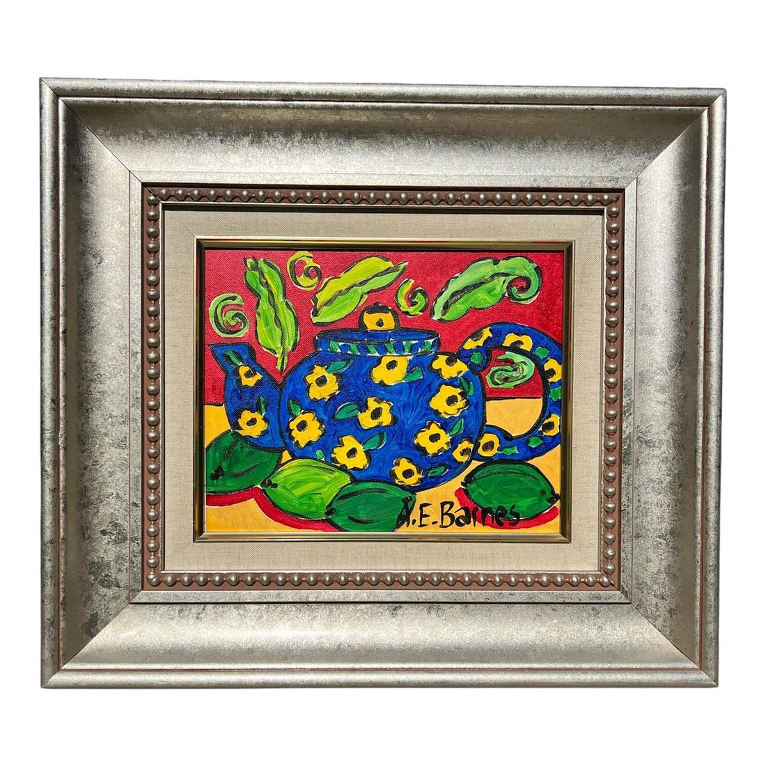 Original a.e. Barnes Still Life, Signed & Framed: A. E. Barnes, known as Ellie, is a distinguished artist renowned for her vibrant and colorful still lifes. Influenced by the Fauvist movement, her paintings capture the beauty of everyday objects with