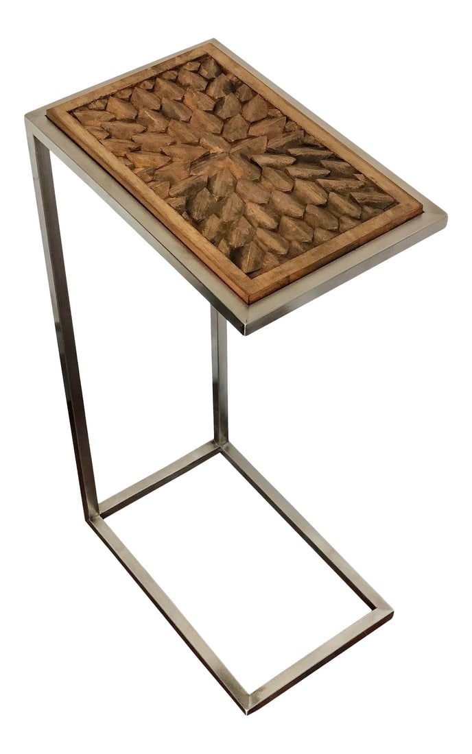 Contemporary Hand Carved Wood With Stainless Steal Side Table: The natural solid waxed walnut wood top carved by hand using hammer and chisel in 3 dimensional geometric design. Stainless steel base L shape make this side table adorable and functional. Excellent a