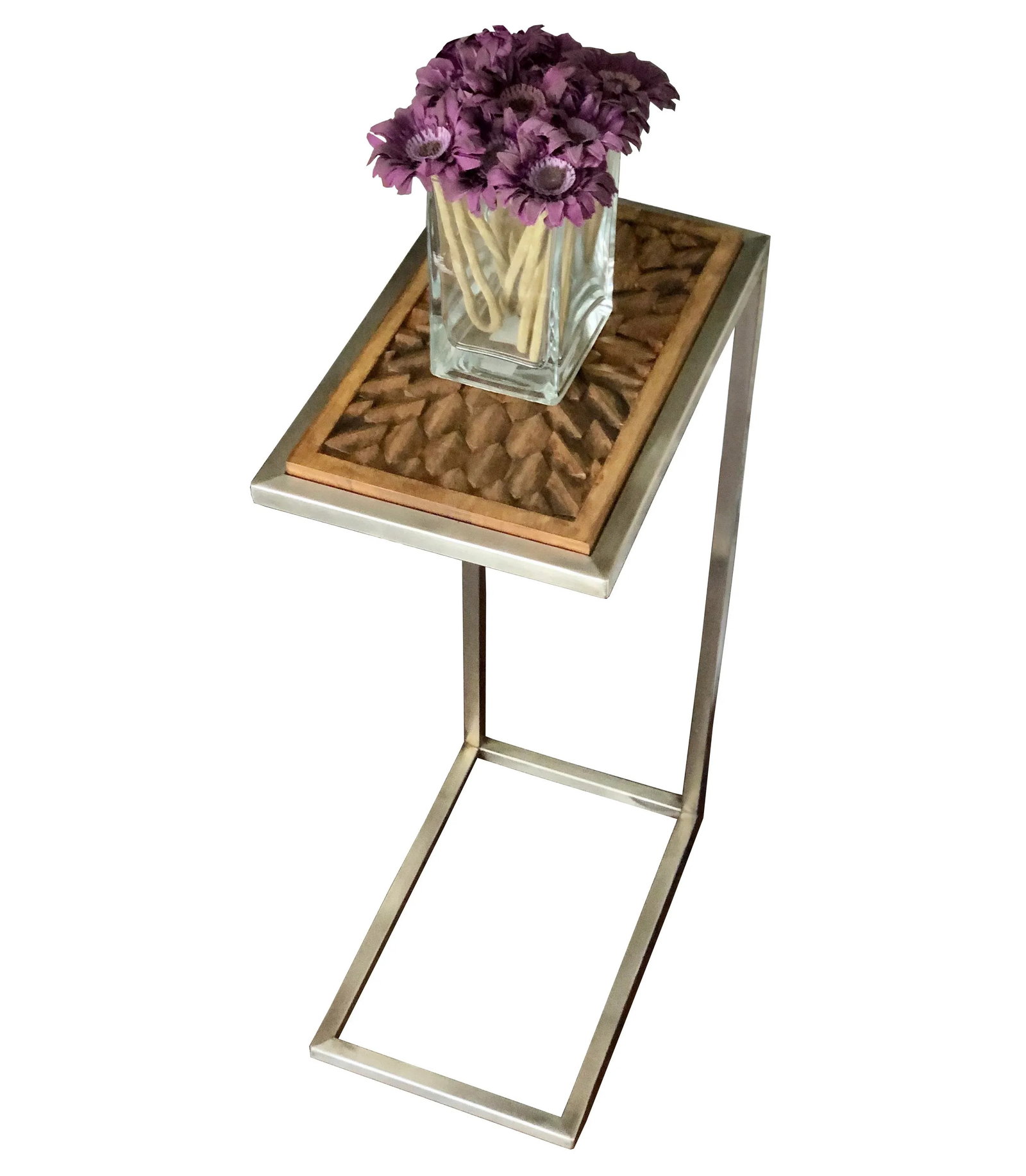 Contemporary Hand Carved Wood With Stainless Steal Side Table - 2