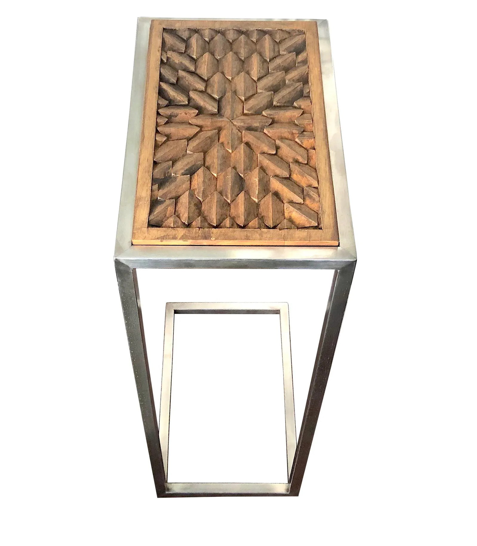 Contemporary Hand Carved Wood With Stainless Steal Side Table - 3