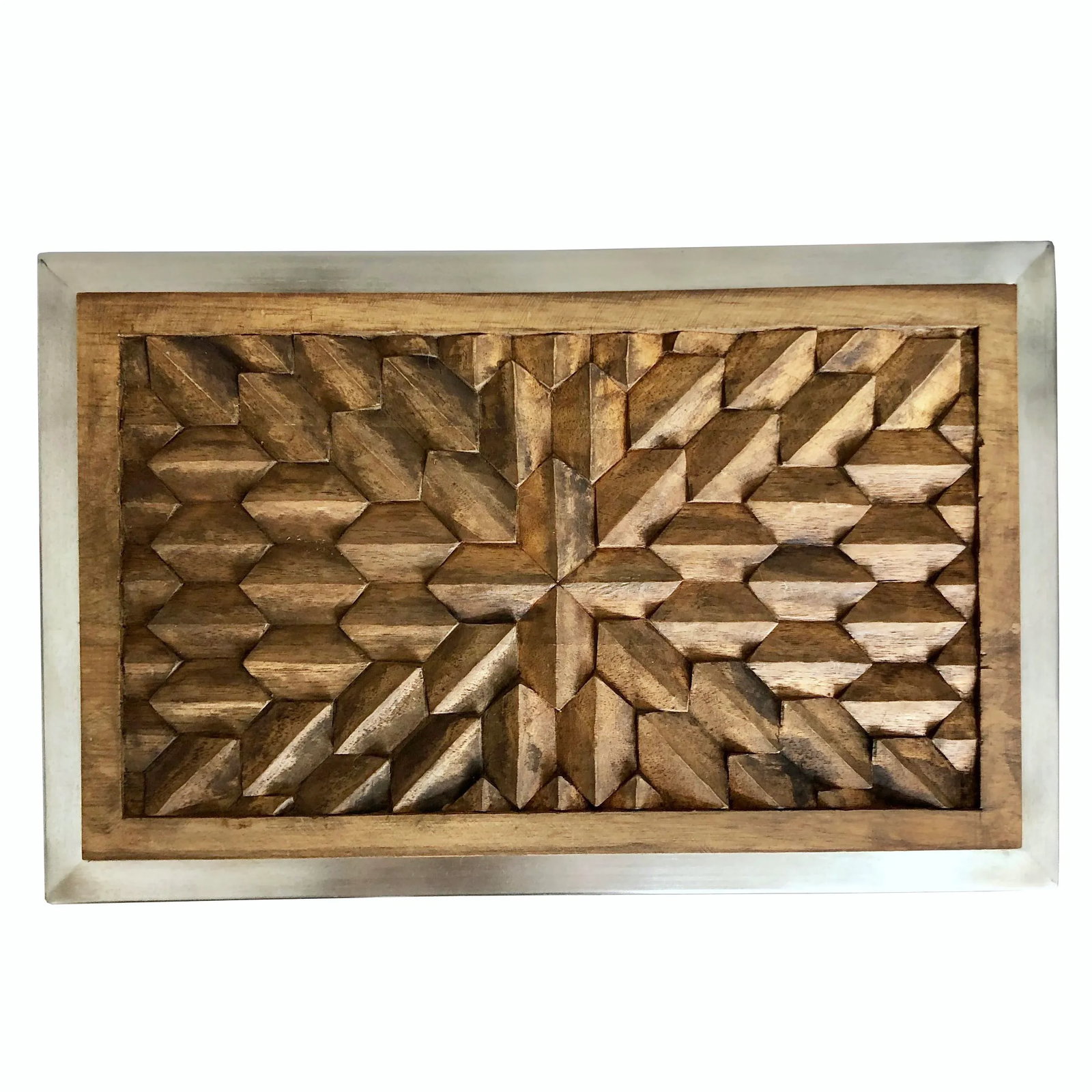Contemporary Hand Carved Wood With Stainless Steal Side Table - 5