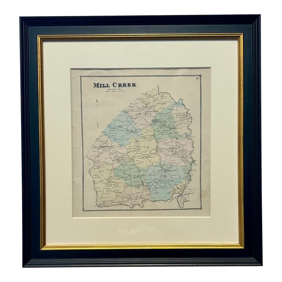 Mill Creek Hundred, Delaware Mid 19th Century Original Framed Engraving: Mill Creek Hundred, New Castle County, Delaware. Features New Castle County which lies north and east of White Clay Creek and west of Red Clay Creek. Original engraved map from the 1st atlas of