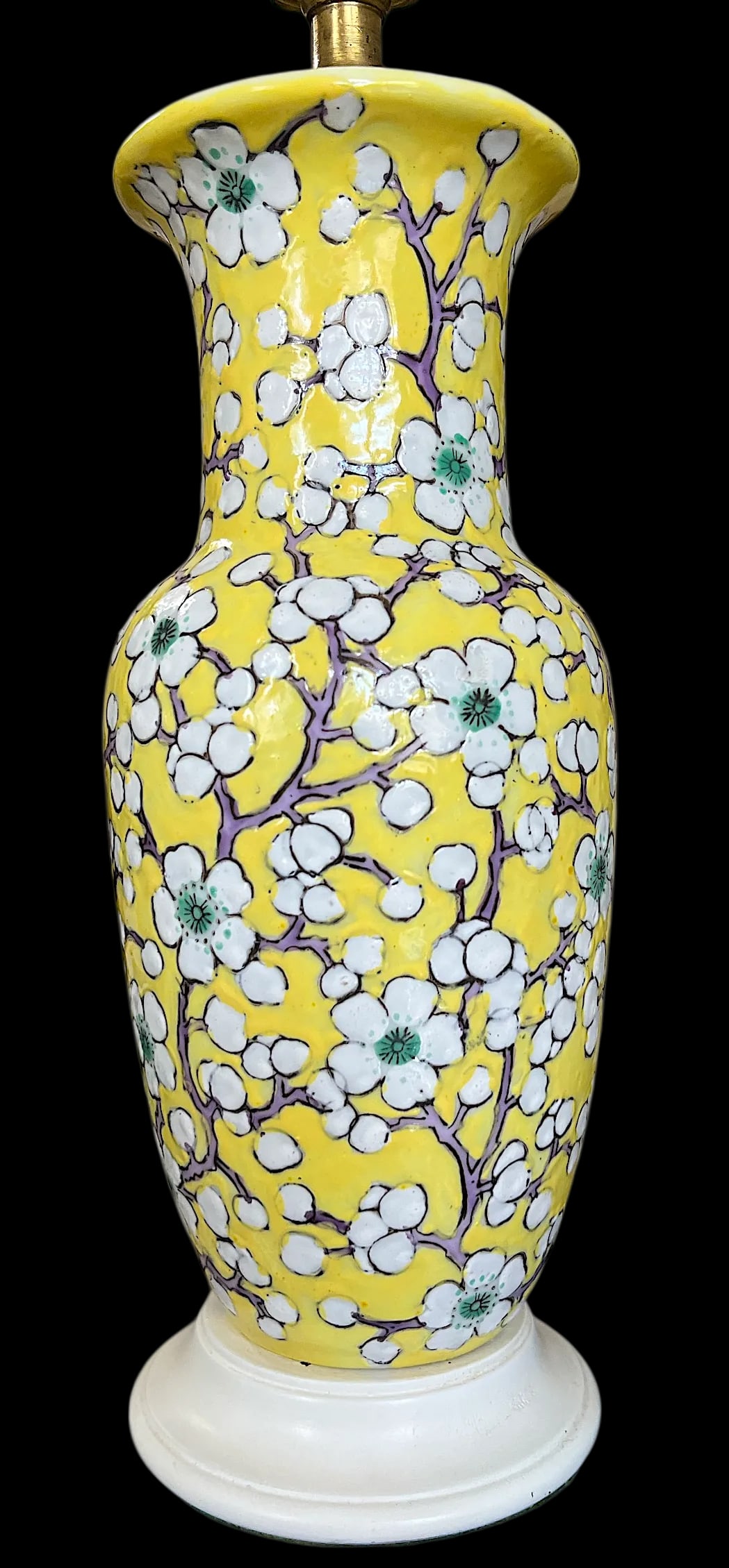 Vintage Yellow Porcelain Lamps Hand-Painted Cherry Blossom Design With Scalloped Ivory Shades a Pair - 2