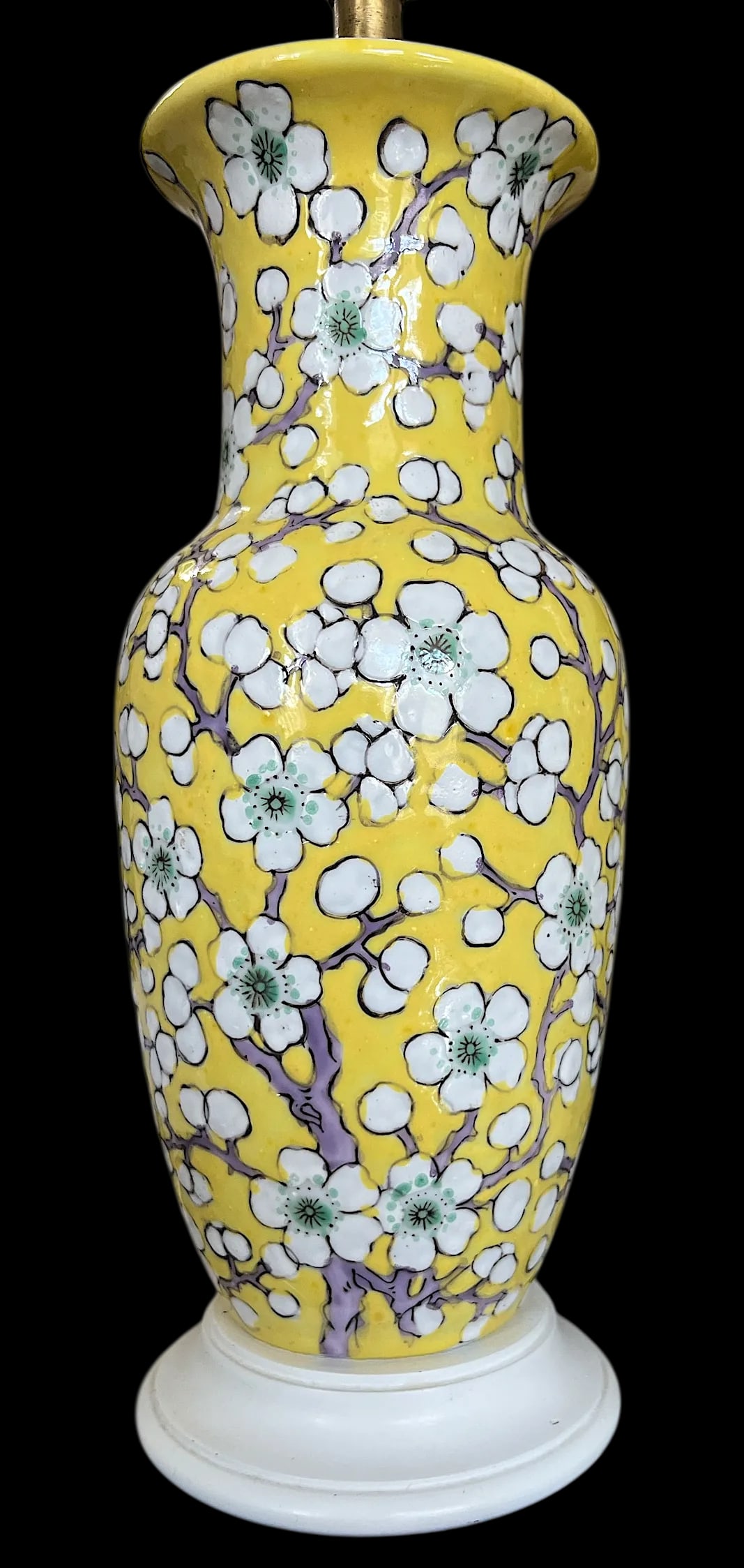 Vintage Yellow Porcelain Lamps Hand-Painted Cherry Blossom Design With Scalloped Ivory Shades a Pair - 3