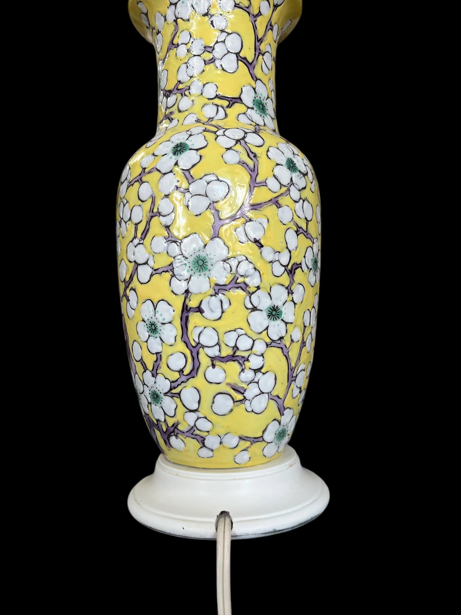 Vintage Yellow Porcelain Lamps Hand-Painted Cherry Blossom Design With Scalloped Ivory Shades a Pair - 5