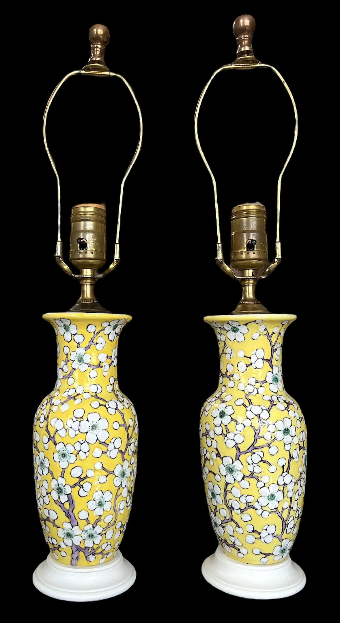 Vintage Yellow Porcelain Lamps Hand-Painted Cherry Blossom Design With Scalloped Ivory Shades a Pair - 6