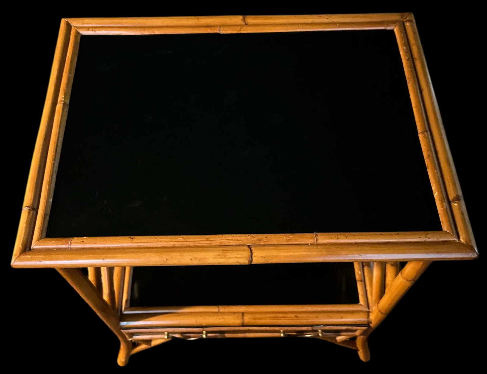 1970s Vintage Bamboo, Leather and Black Lacquer Side Table or Small Bar Regency Chinoiserie Style - 4