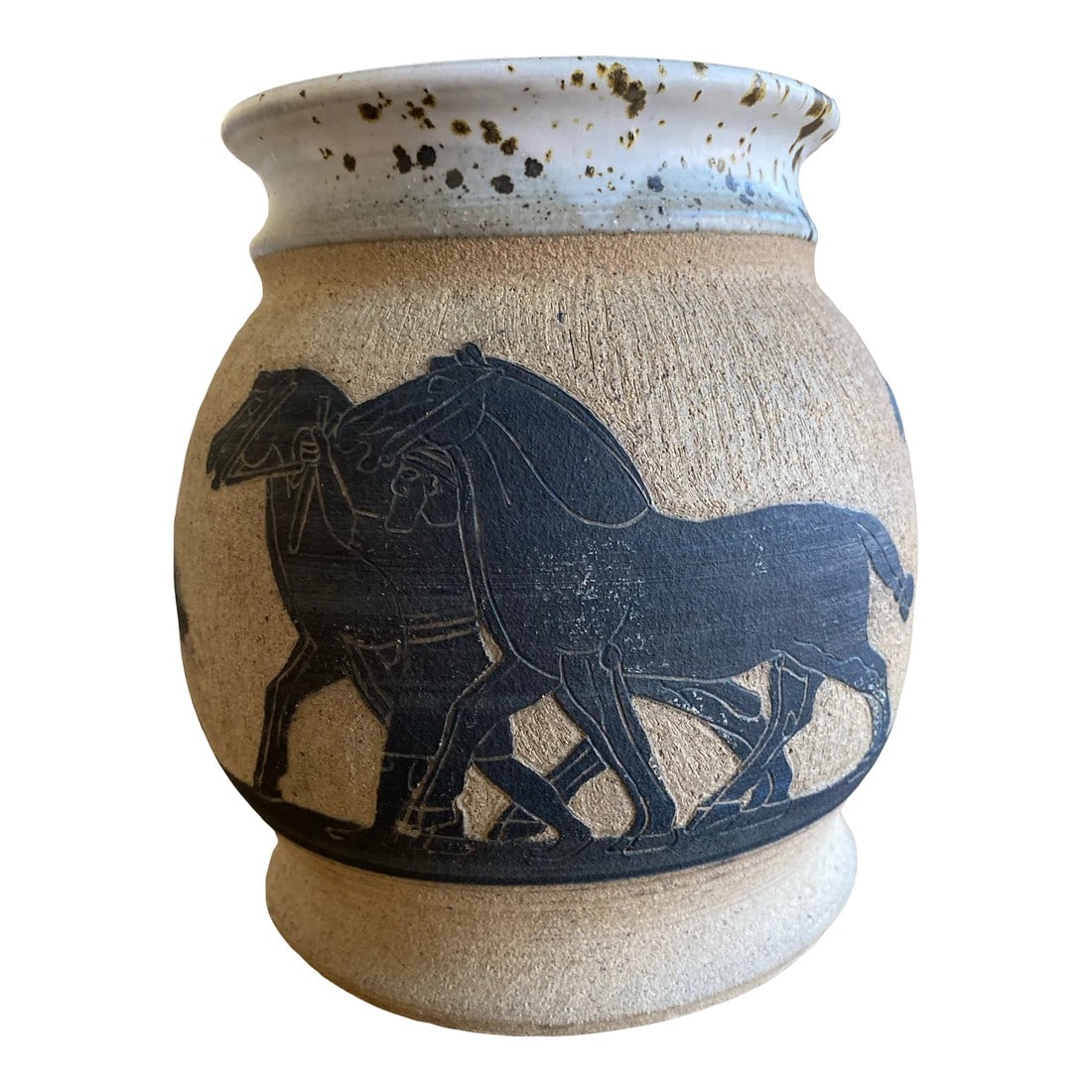 1970s Large Handmade Vase With Carved Ancient Horse and Warrior Groom Motif: Large handmade and decorated vase featuring three repeating tableaux of two horses and their groom or warrior in black relief. Inspired by Assyrian, Egyptian or other ancient eastern art. The