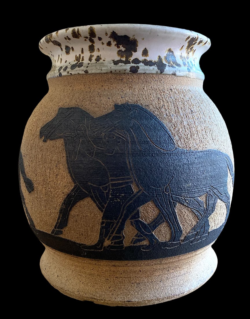1970s Large Handmade Vase With Carved Ancient Horse and Warrior Groom Motif - 2