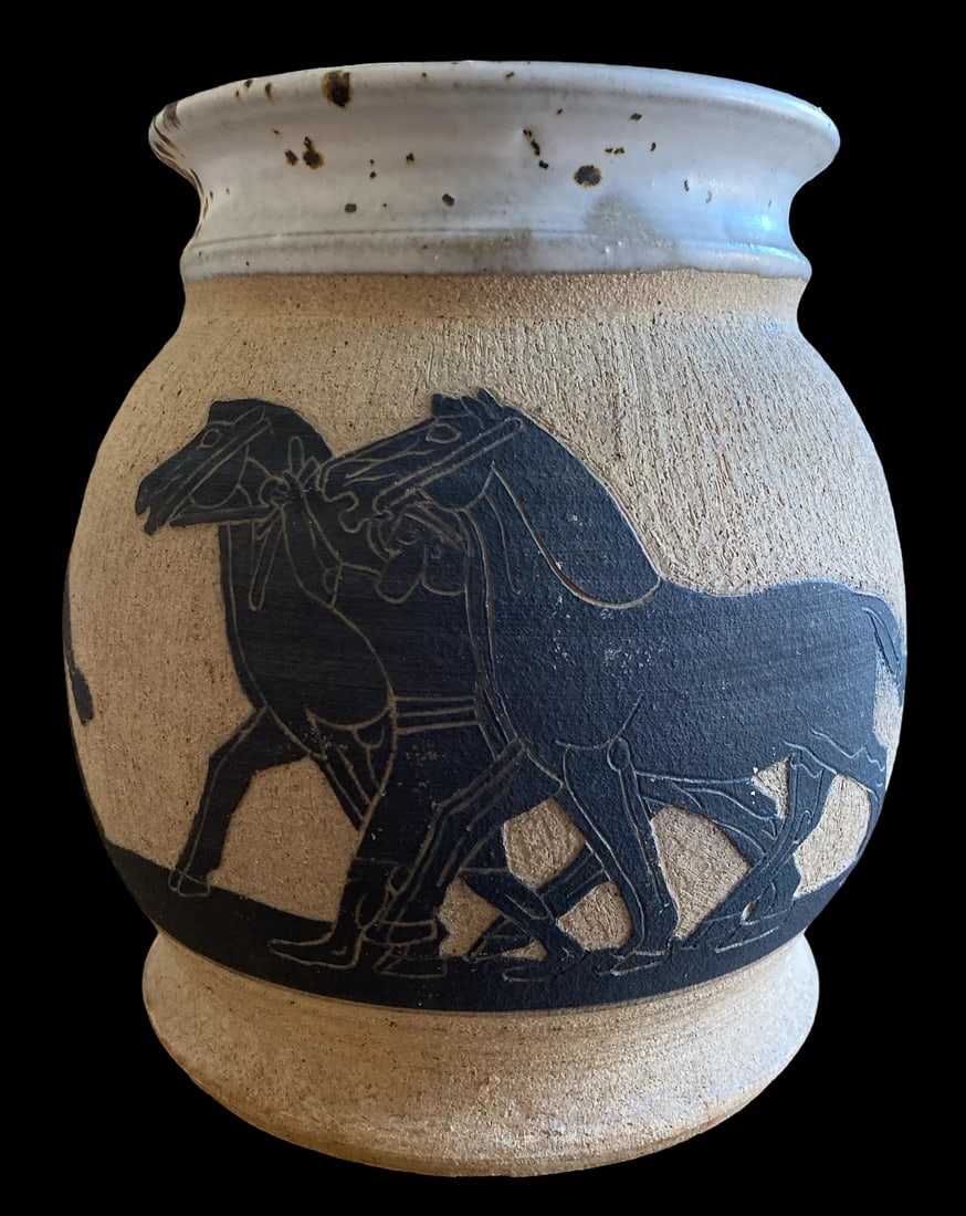 1970s Large Handmade Vase With Carved Ancient Horse and Warrior Groom Motif - 3