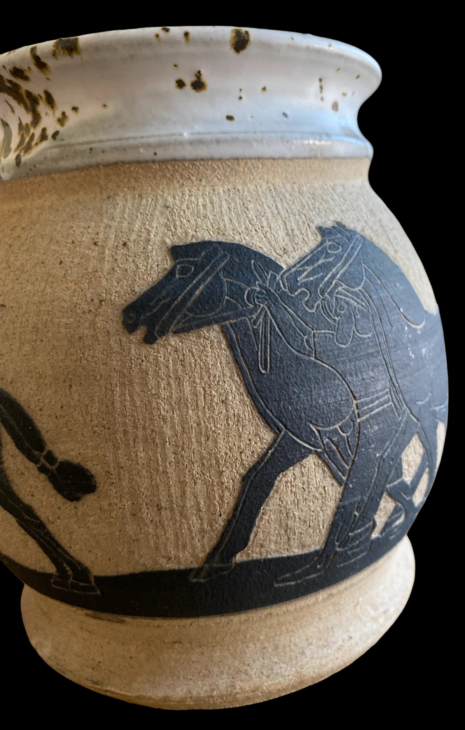 1970s Large Handmade Vase With Carved Ancient Horse and Warrior Groom Motif - 4