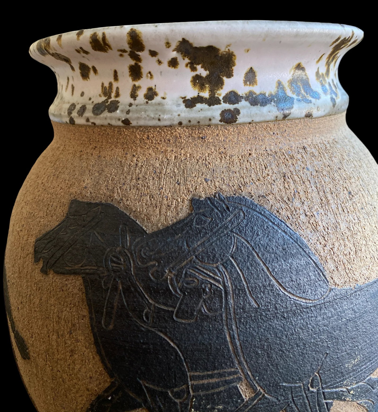 1970s Large Handmade Vase With Carved Ancient Horse and Warrior Groom Motif - 5