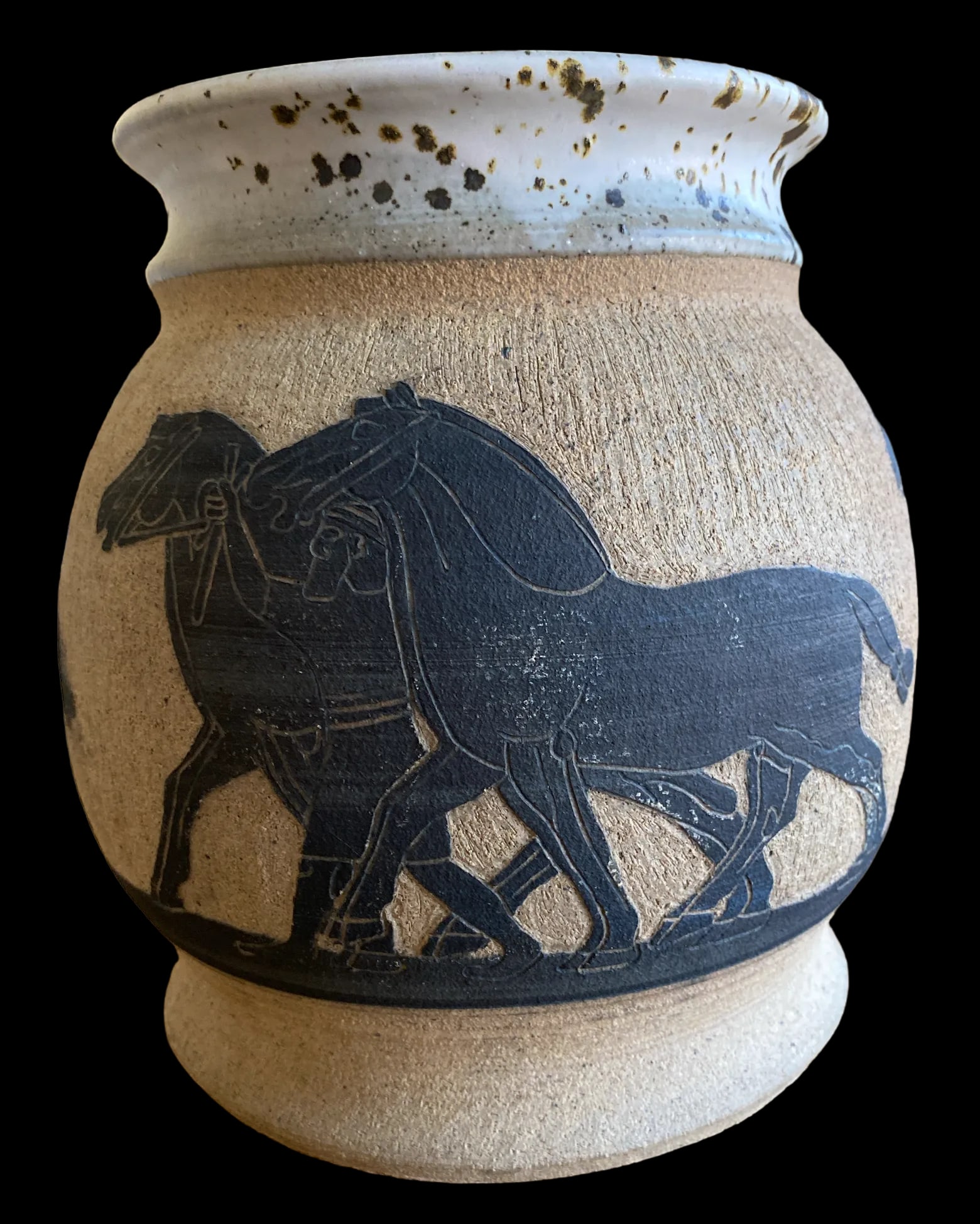 1970s Large Handmade Vase With Carved Ancient Horse and Warrior Groom Motif - 9
