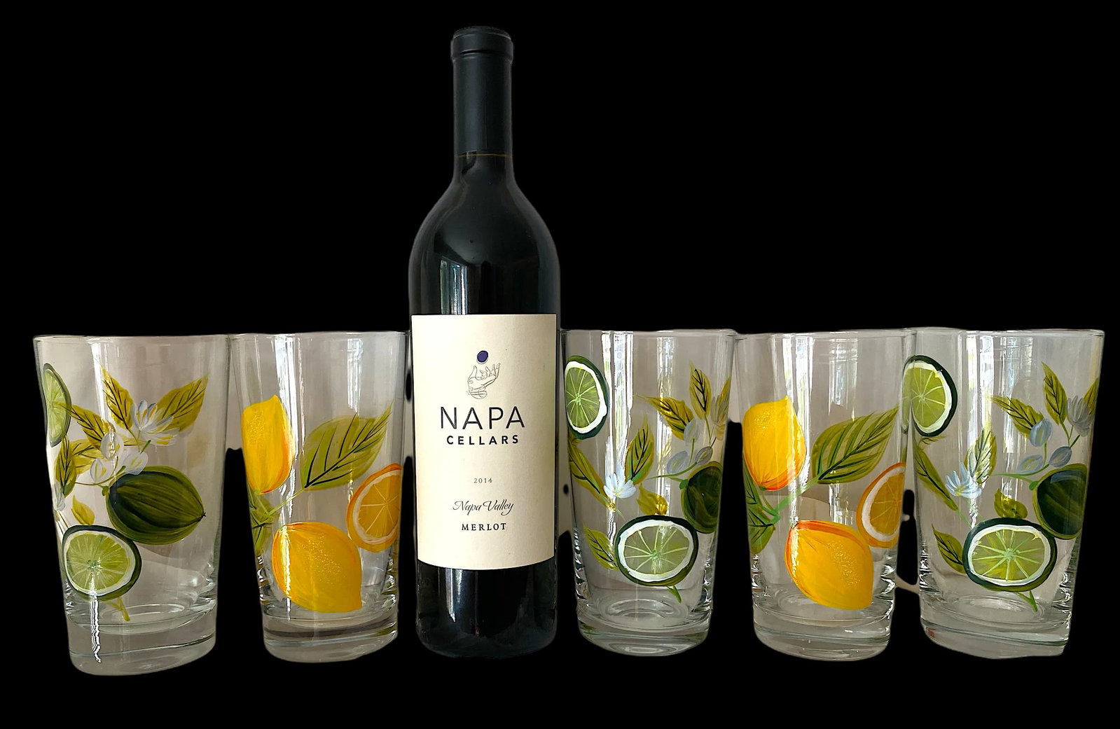 2000s Hand Painted Citrus Themed Tumbler and Pitcher Set With Lemons and Limes Set- 6 Pieces - 10