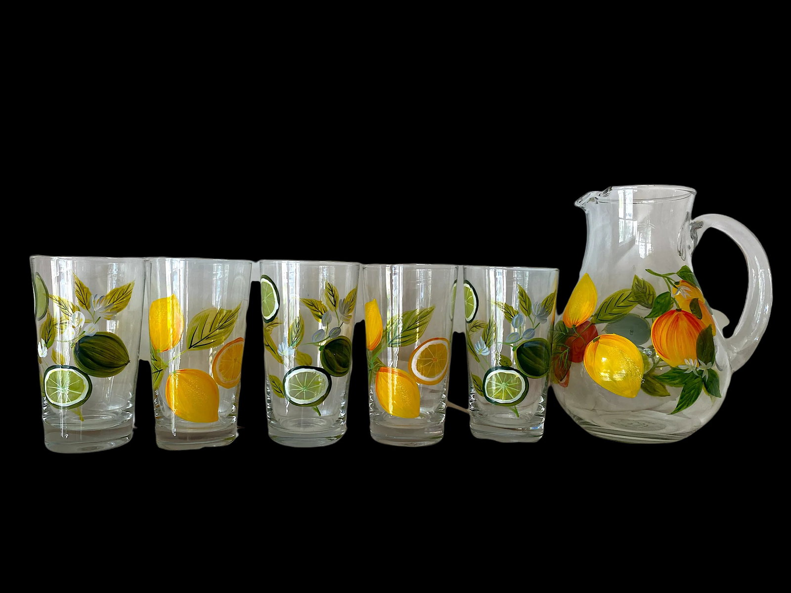 2000s Hand Painted Citrus Themed Tumbler and Pitcher Set With Lemons and Limes Set- 6 Pieces - 12