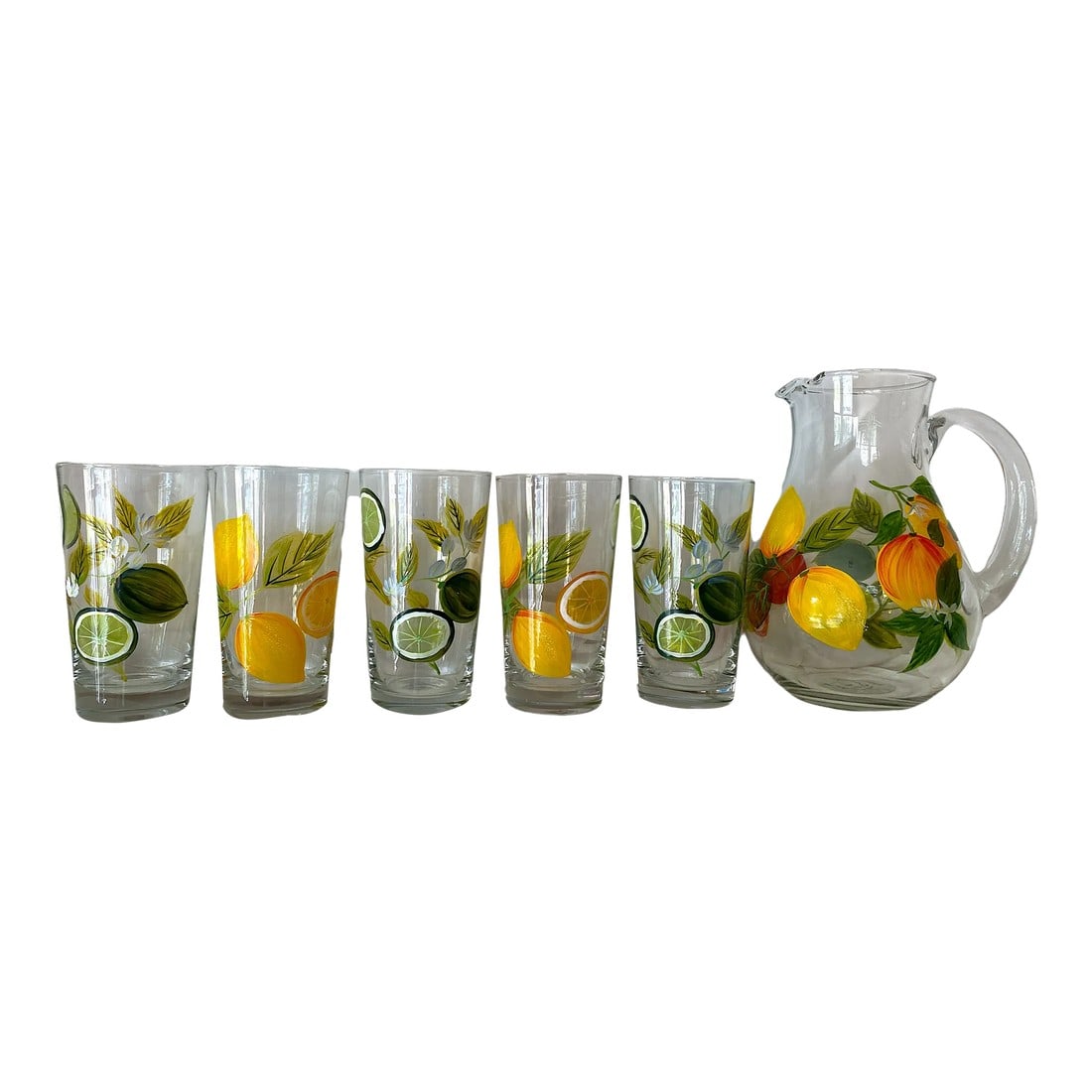 2000s Hand Painted Citrus Themed Tumbler and Pitcher Set With Lemons and Limes Set- 6 Pieces (1 of 12)