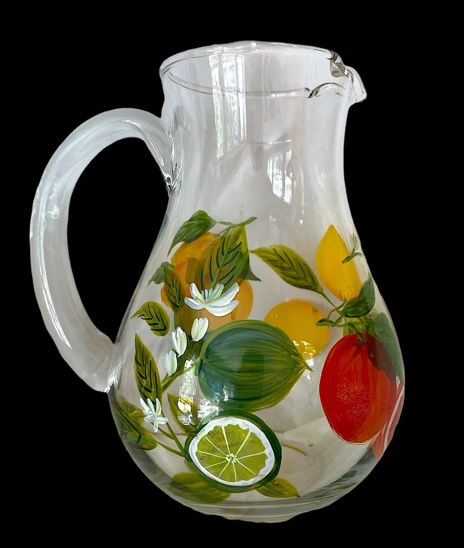 2000s Hand Painted Citrus Themed Tumbler and Pitcher Set With Lemons and Limes Set- 6 Pieces - 2