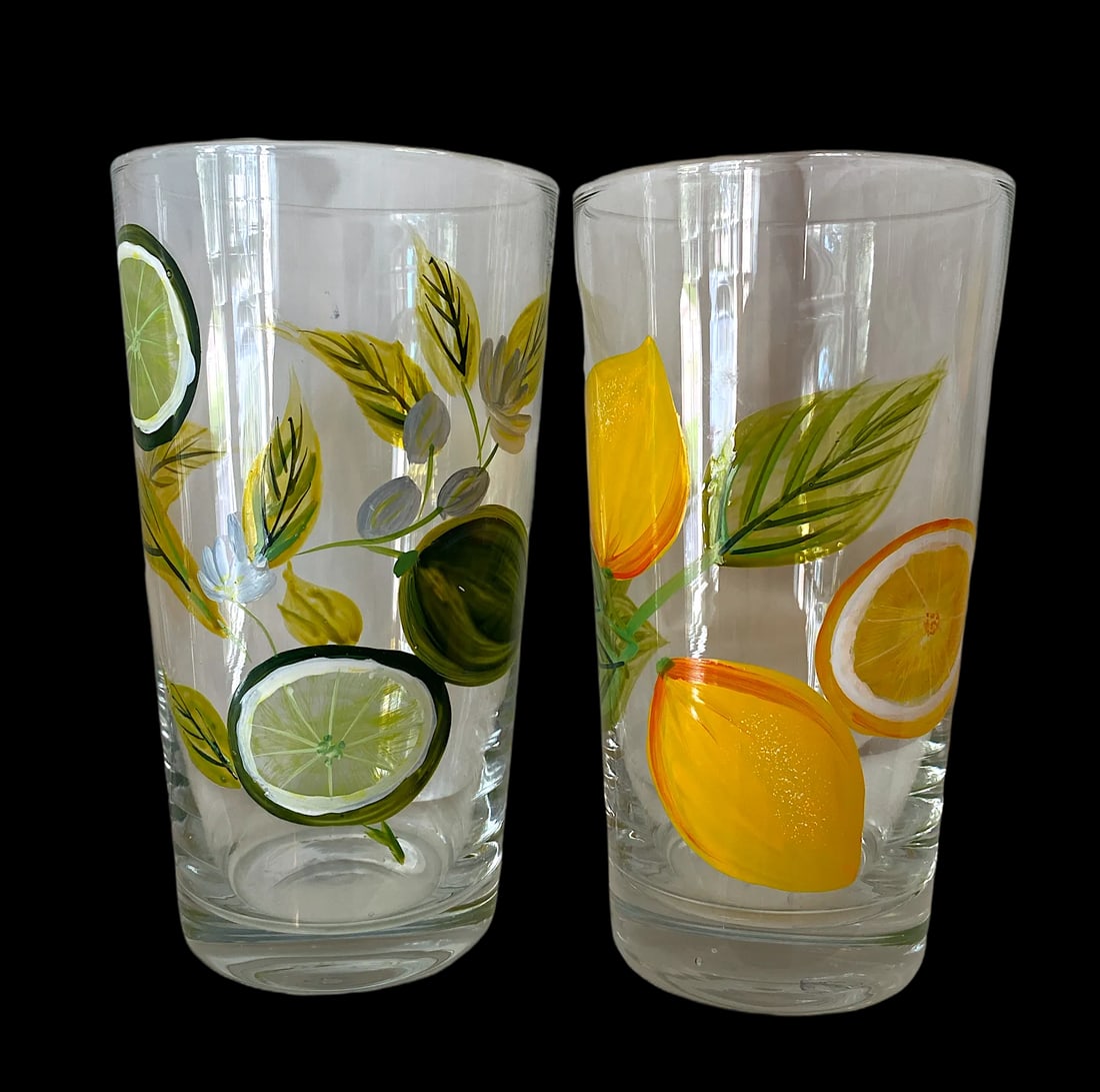 2000s Hand Painted Citrus Themed Tumbler and Pitcher Set With Lemons and Limes Set- 6 Pieces - 3