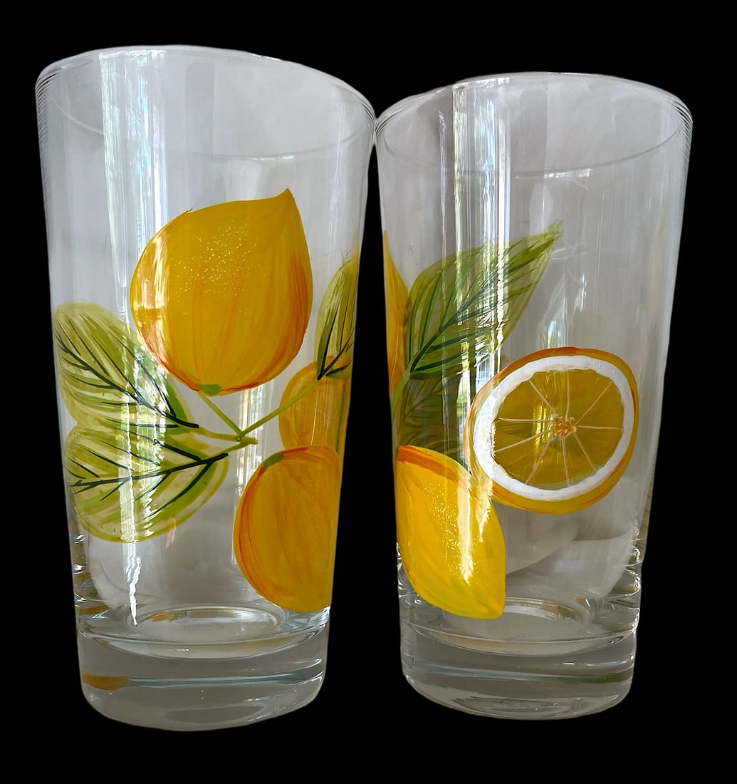 2000s Hand Painted Citrus Themed Tumbler and Pitcher Set With Lemons and Limes Set- 6 Pieces - 4