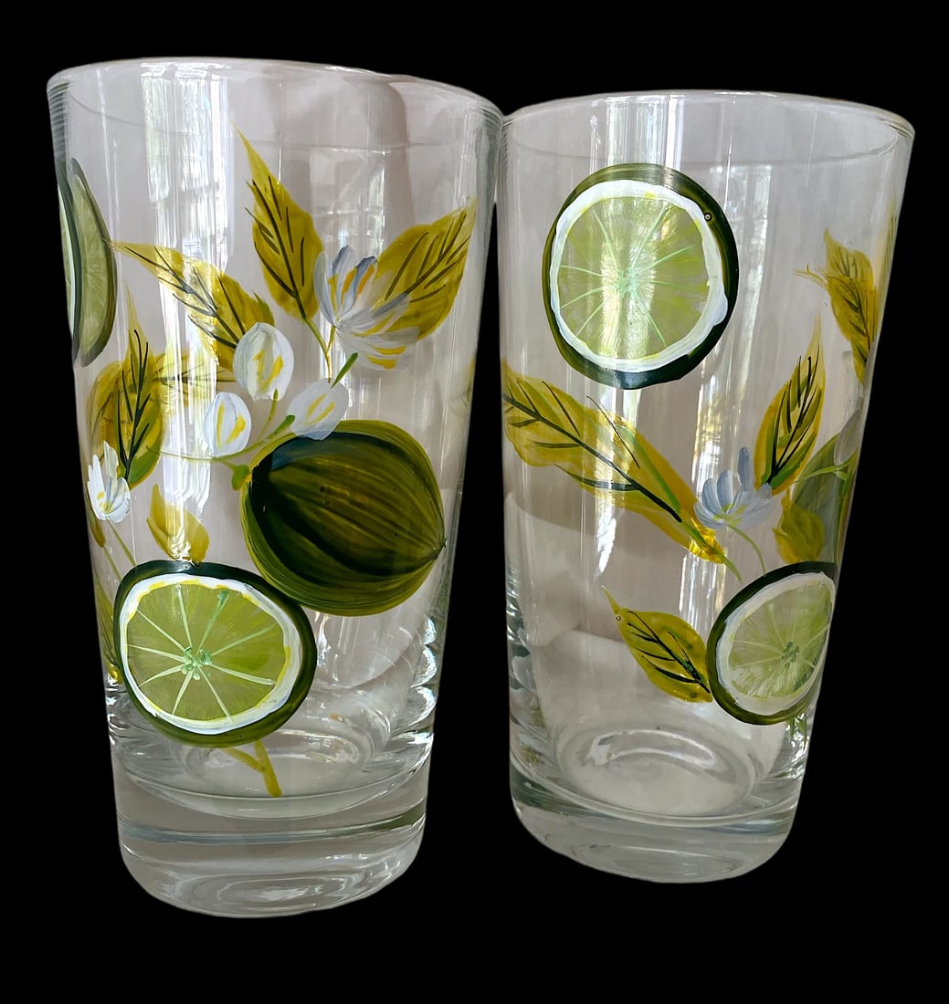 2000s Hand Painted Citrus Themed Tumbler and Pitcher Set With Lemons and Limes Set- 6 Pieces - 5