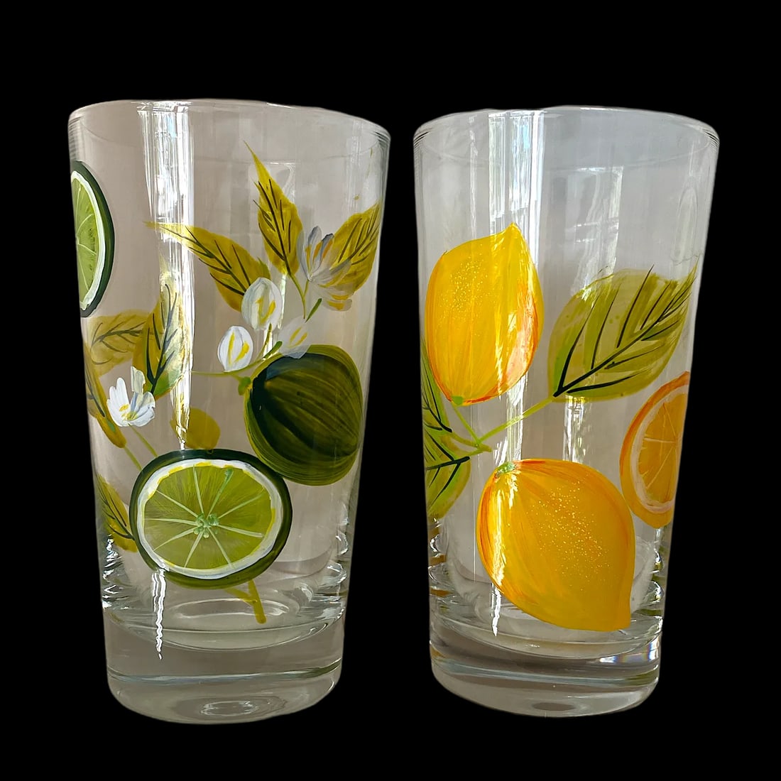 2000s Hand Painted Citrus Themed Tumbler and Pitcher Set With Lemons and Limes Set- 6 Pieces - 6