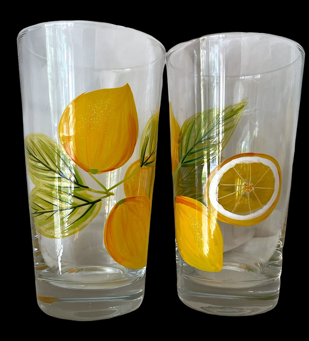 2000s Hand Painted Citrus Themed Tumbler and Pitcher Set With Lemons and Limes Set- 6 Pieces - 7
