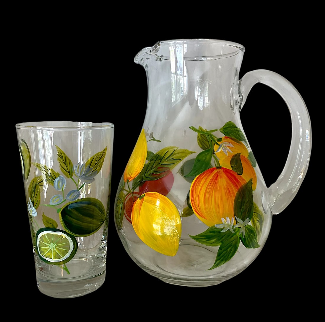 2000s Hand Painted Citrus Themed Tumbler and Pitcher Set With Lemons and Limes Set- 6 Pieces - 8