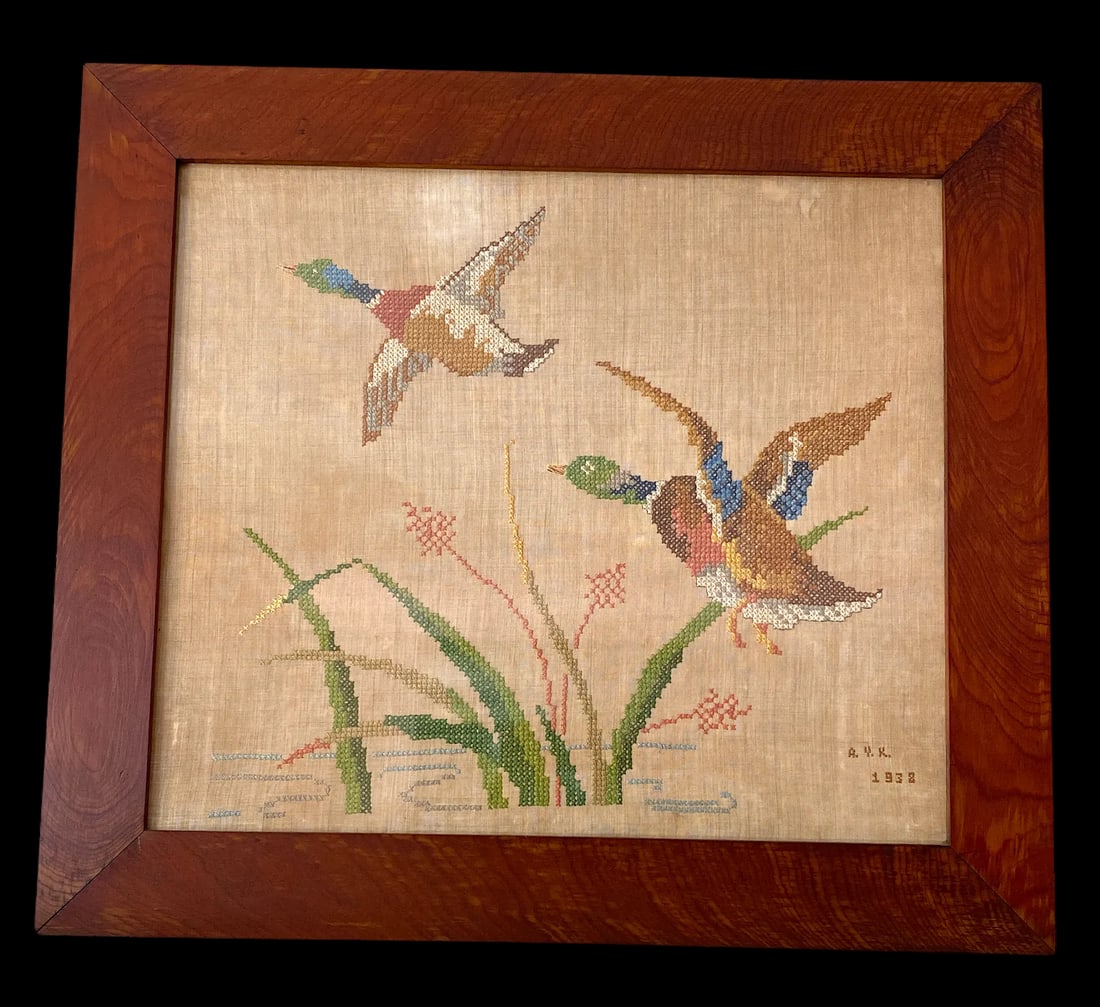 Large Framed 1930s Needlepoint Cross Stitch Mallards in Flight on Linen in Hand Made Oak Frame - 13