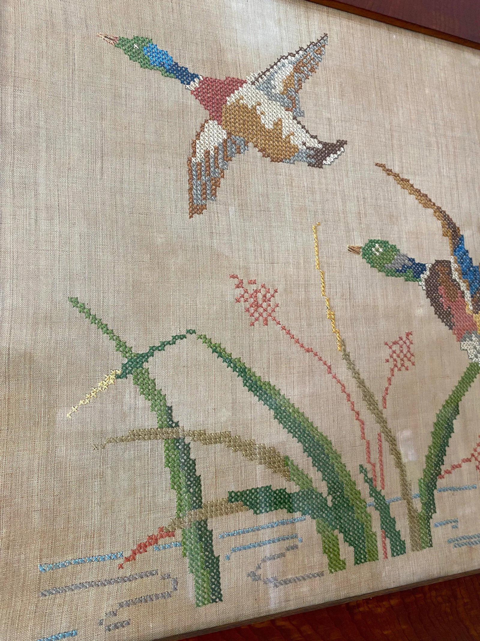 Large Framed 1930s Needlepoint Cross Stitch Mallards in Flight on Linen in Hand Made Oak Frame - 2