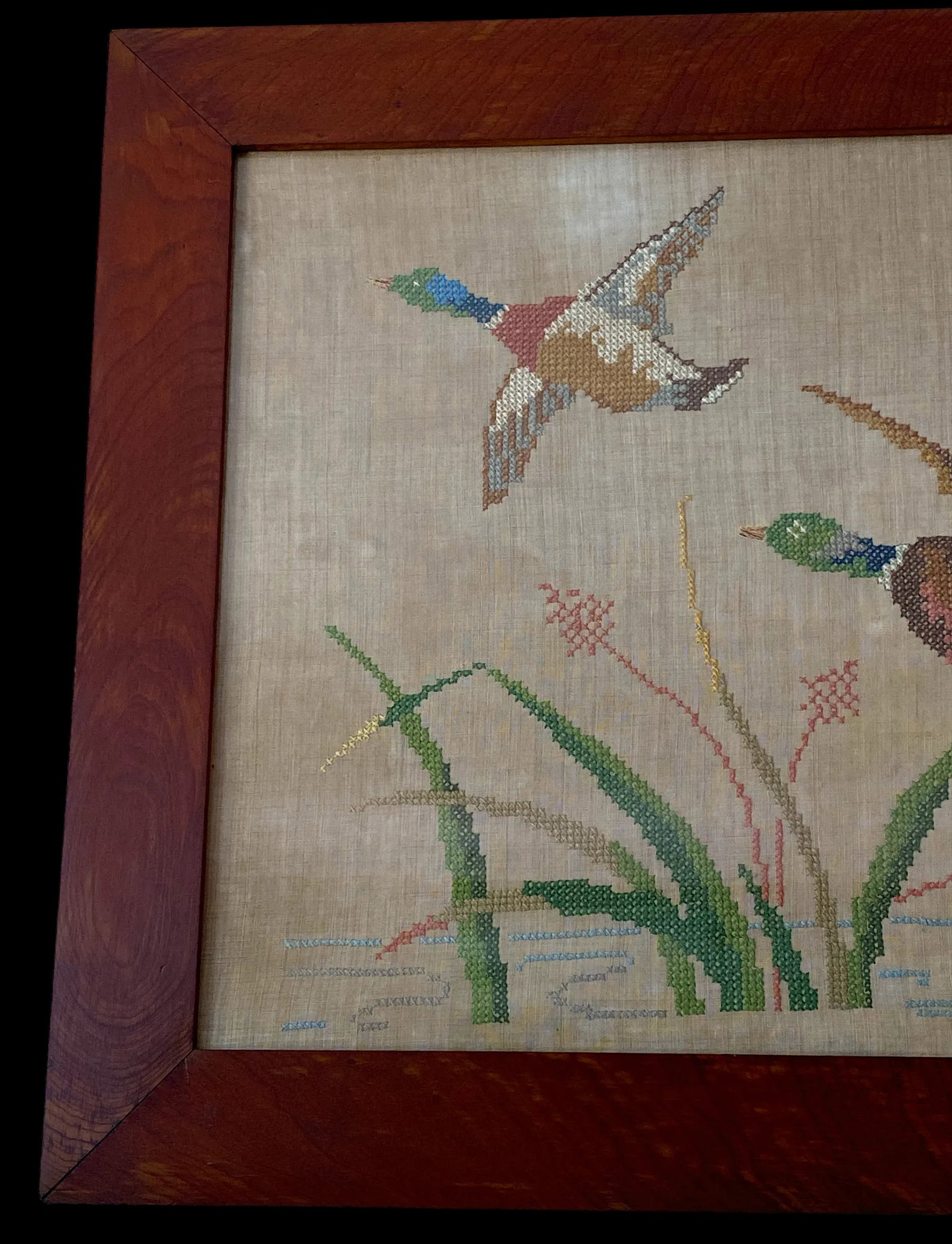 Large Framed 1930s Needlepoint Cross Stitch Mallards in Flight on Linen in Hand Made Oak Frame - 3