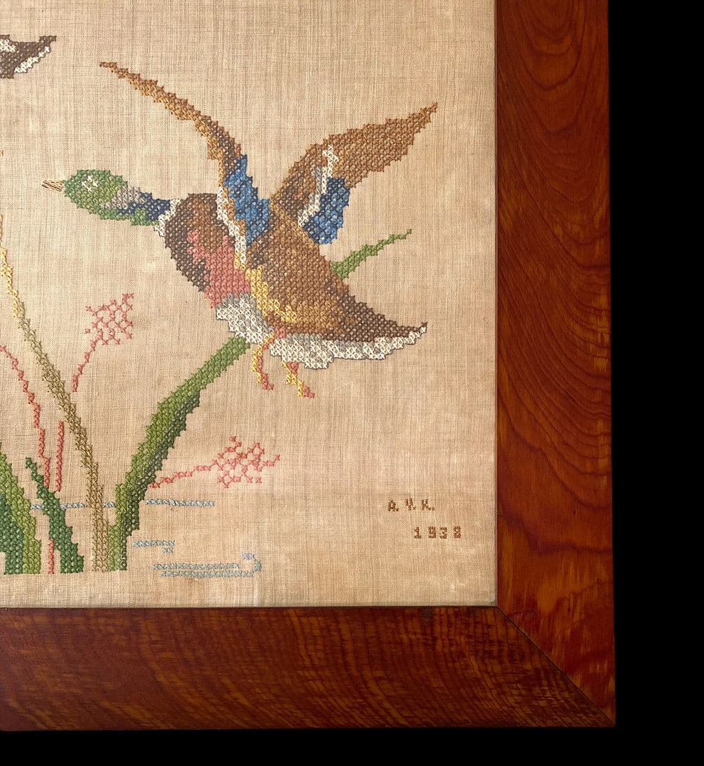 Large Framed 1930s Needlepoint Cross Stitch Mallards in Flight on Linen in Hand Made Oak Frame - 4
