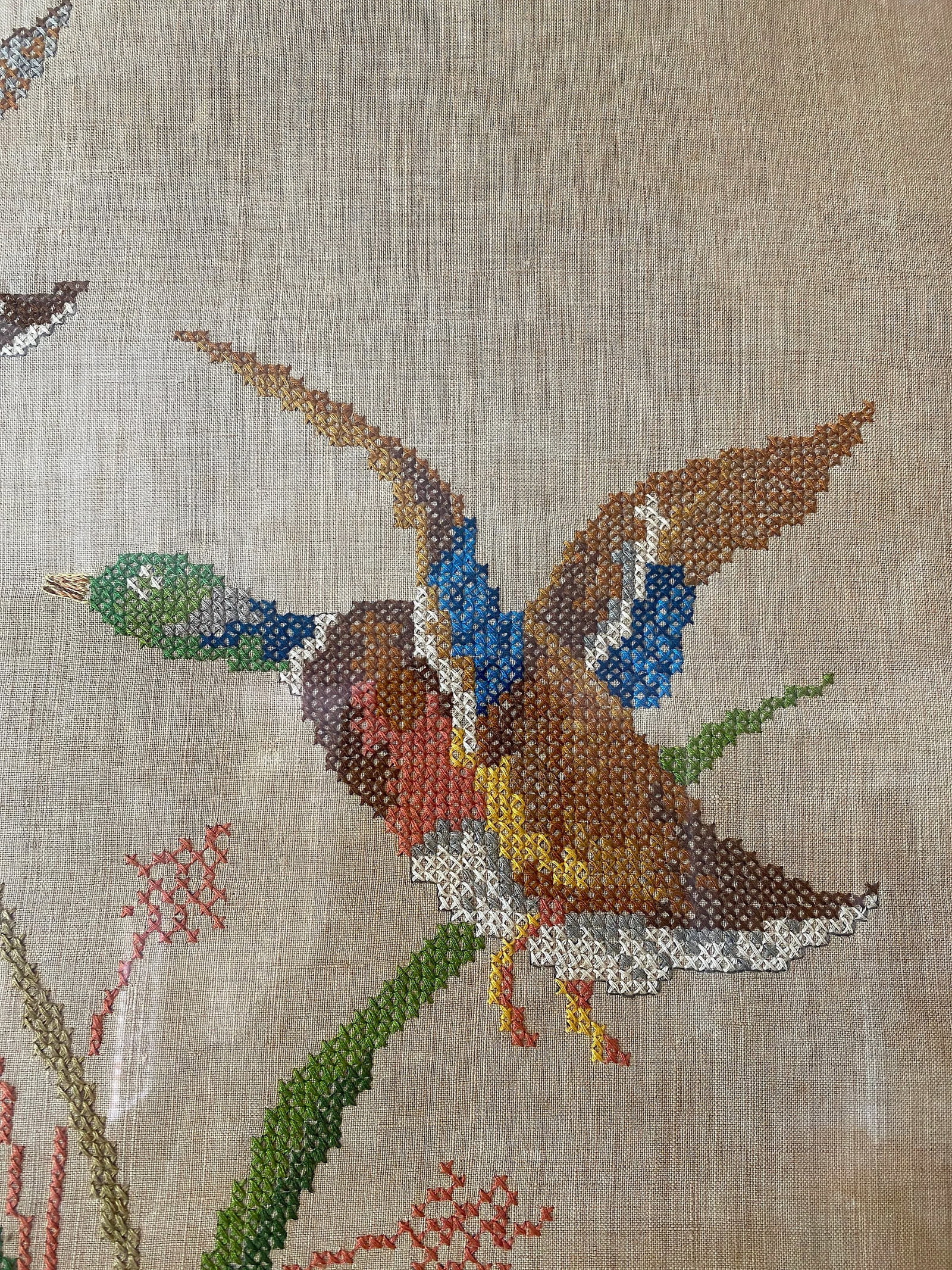 Large Framed 1930s Needlepoint Cross Stitch Mallards in Flight on Linen in Hand Made Oak Frame - 5