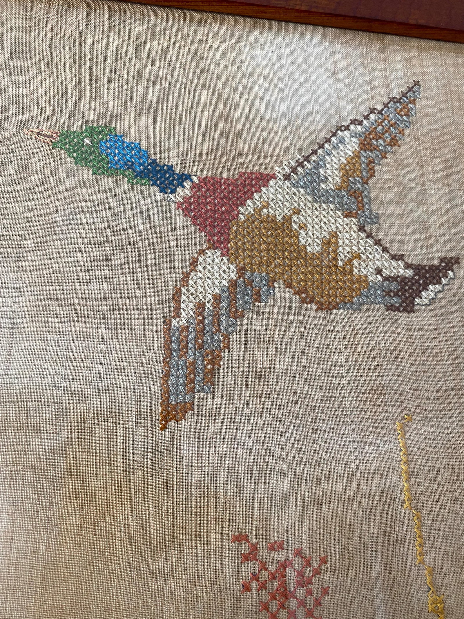 Large Framed 1930s Needlepoint Cross Stitch Mallards in Flight on Linen in Hand Made Oak Frame - 6