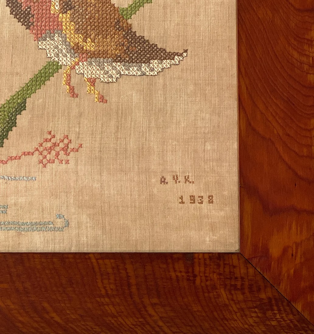 Large Framed 1930s Needlepoint Cross Stitch Mallards in Flight on Linen in Hand Made Oak Frame - 7