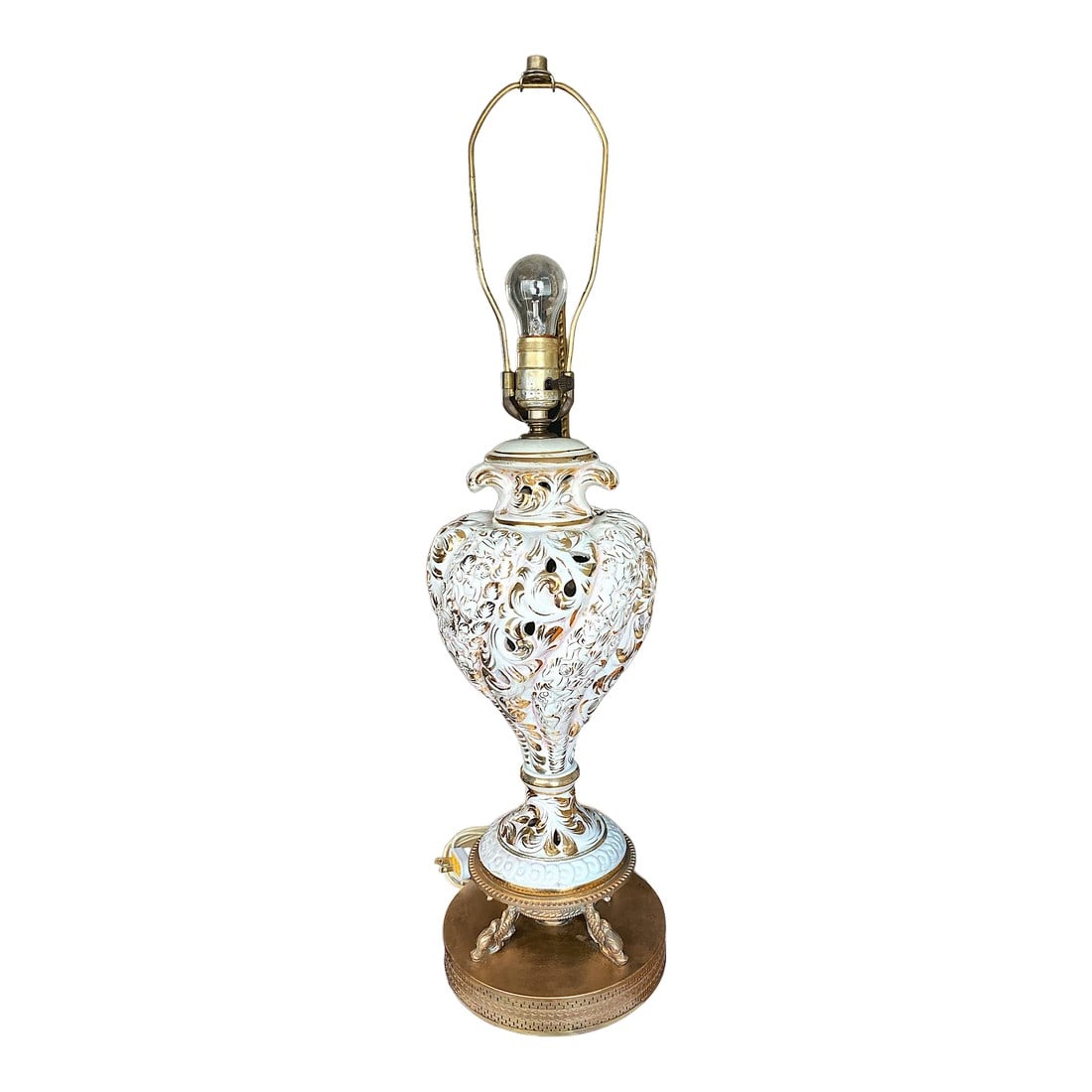 1950's White and Gold Reticulated Porcelain Capodimonte Cherubs and Brass Dolphins Lamp (1 of 11)