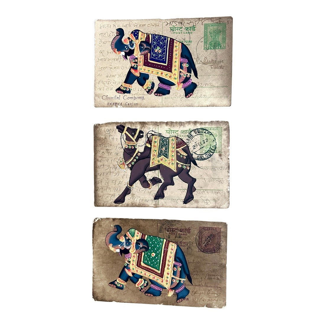 Mid 20th Century Vintage Indian Elephant and Camel Hand Painted Rajasthani Paper Postcard, Set of Th: Vintage Indian Elephant and Camel Hand Painted Rajasthani Paper Postcard, set of three. Acquired at an auction in Texas in 2021. Beautiful authentic vintage Indian postcards featuring hand painted ani