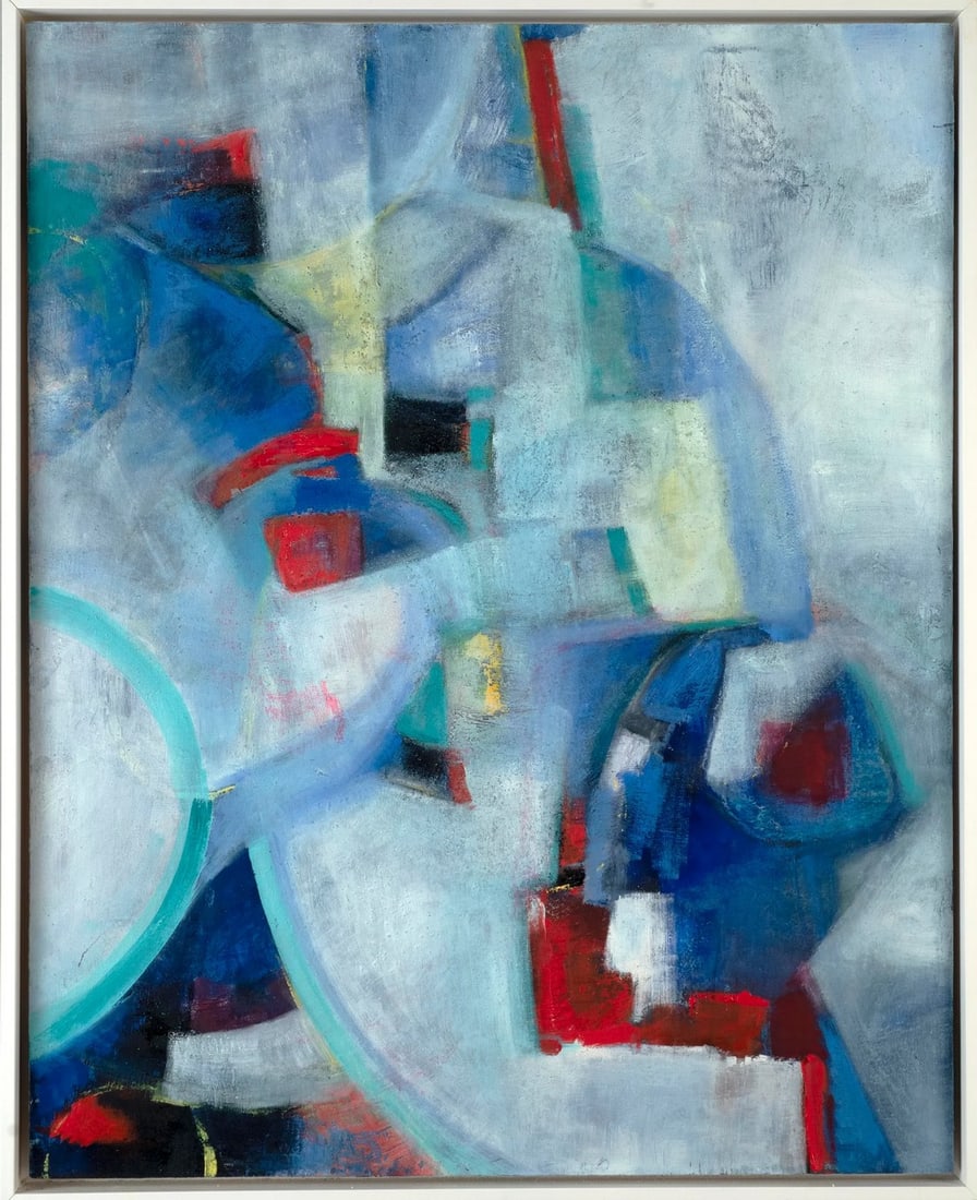 Moonlight Reveries, an Abstract Painting, Framed: This abstract painting on a wooden panel, is influenced by the painter Marc Chagall, in that it suggests a dreamlike mood, with shapes and colors coming together, as if one was about to awake.