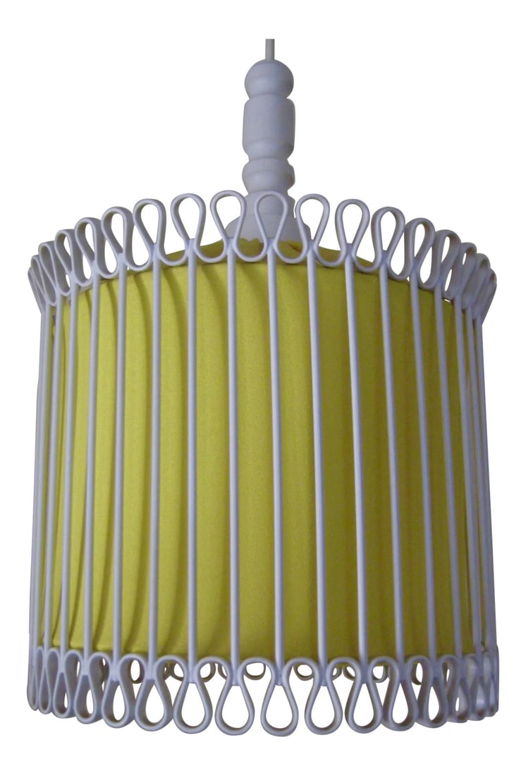 Mid-Century Modern White and Yellow Iron Chandelier: This is an original piece from the late 60 's - 70' s in the house ever since, nice elegant shape and very convenient size, you can basically use it in any room, will give a lovely touch with a