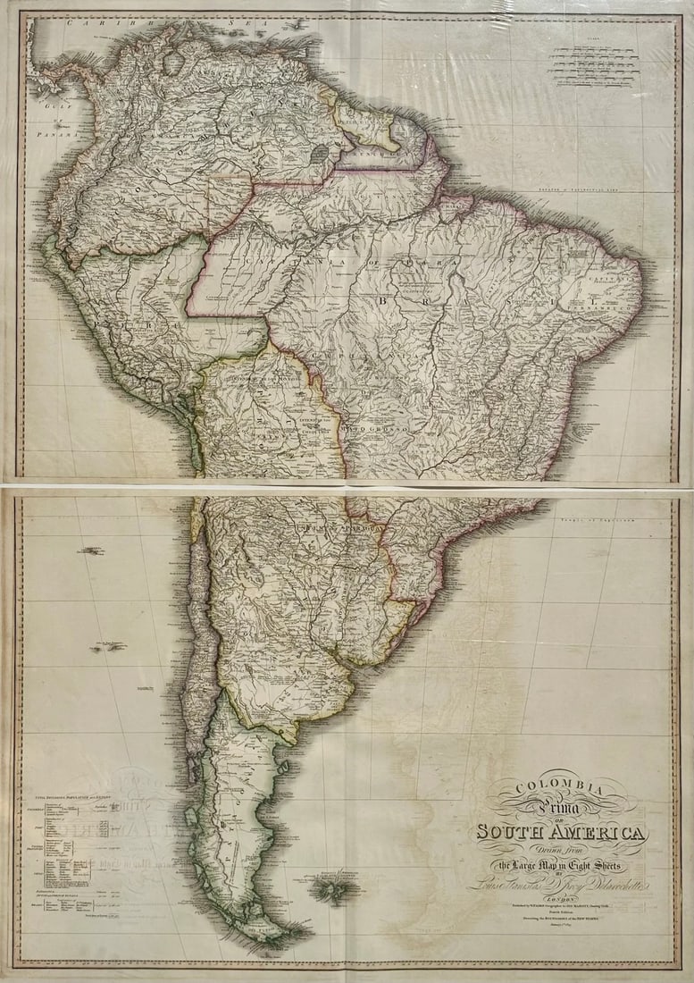 South America & Columbia Original Map by Faden 1823: This is a rare and exceptional two-sheet original engraving of South America, created at the beginning of its Century of Independence by William Faden, published in 1823. The map is based on original 