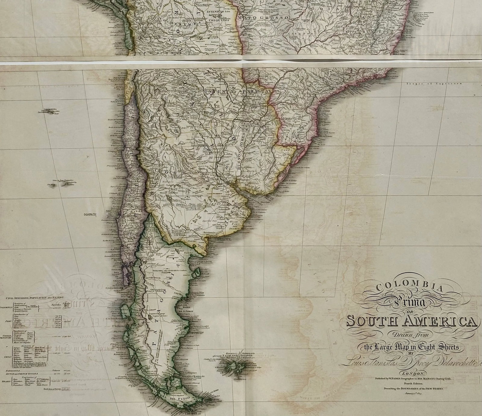 South America & Columbia Original Map by Faden 1823 - 4