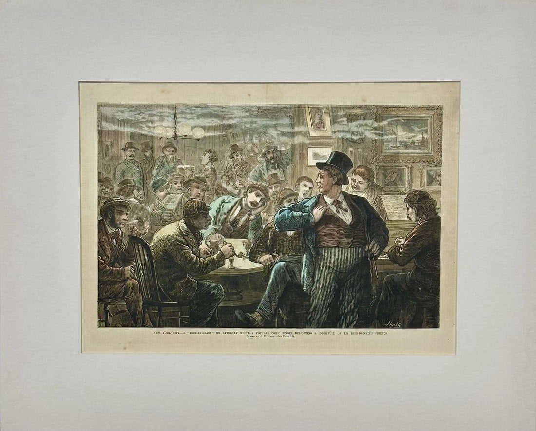 New York City on a Saturday Night, Original Engraving, 1873: New York City Free and Easy on a Saturday Night. Original steel engraving after drawing by Hyde, published by Frank Leslie's, May 17, 1873. Dimensions: 20 x 16" Please note: If you purchase multiple