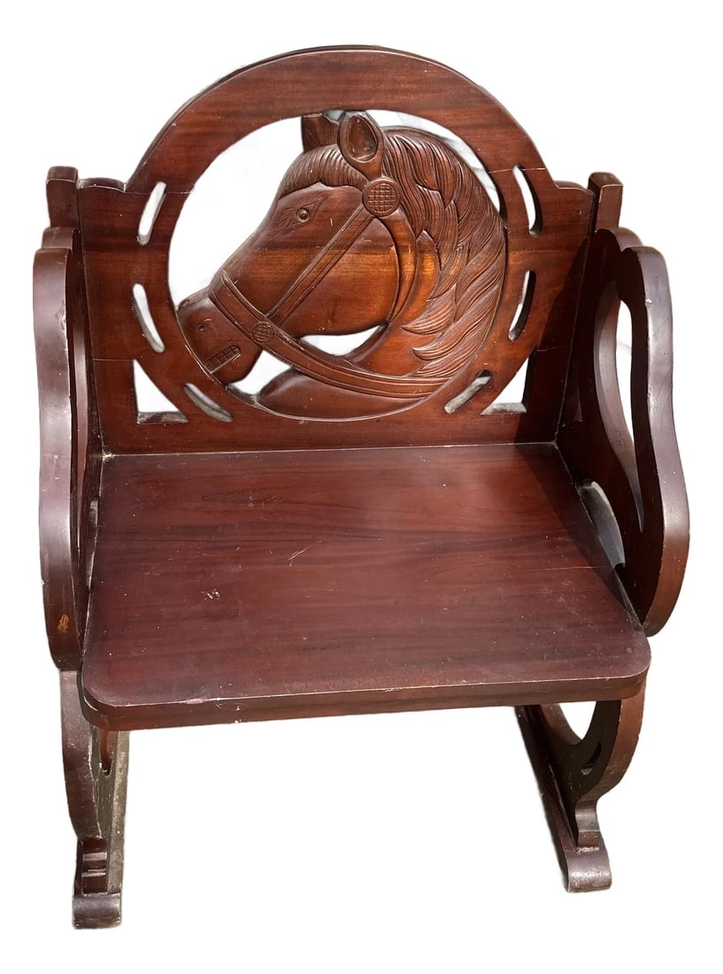 1970s Solid Mahogany Carved Horse Accent Chair: Up for consideration is a beautiful mahogany wood carved horse accent chair. This would look lovely in your home and it is a great find for the interior design enthusiast. Please check out my other