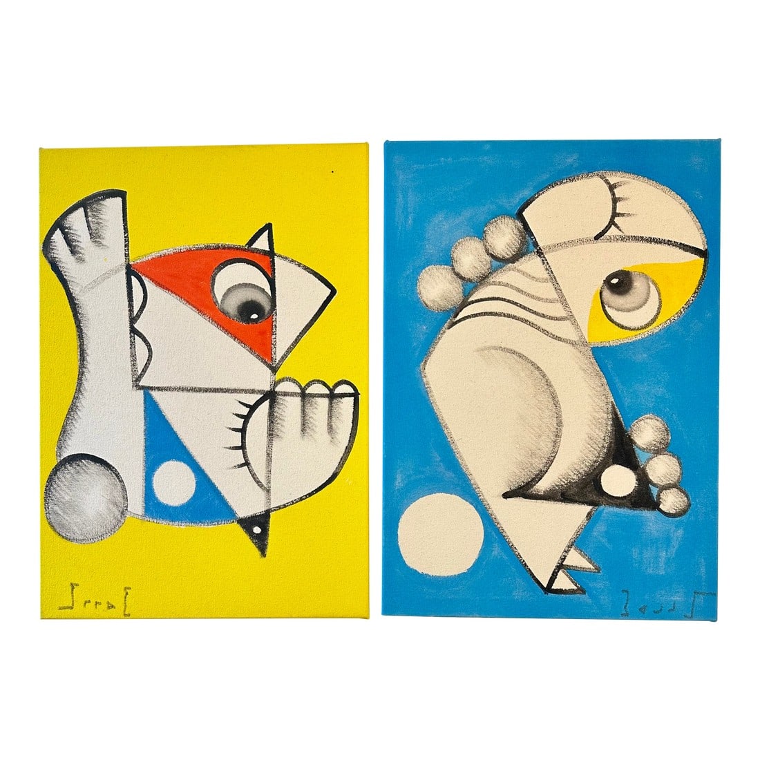 Contemporary Abstract Acrylic on Canvas Pair by Wally Hatny: Pair of abstract paintings on canvas by artist Wally Hatny. Signed lower right and left horizontally "Wally". Canvas are stretched and ready to hang. This stunning pair feature abstract animal-like
