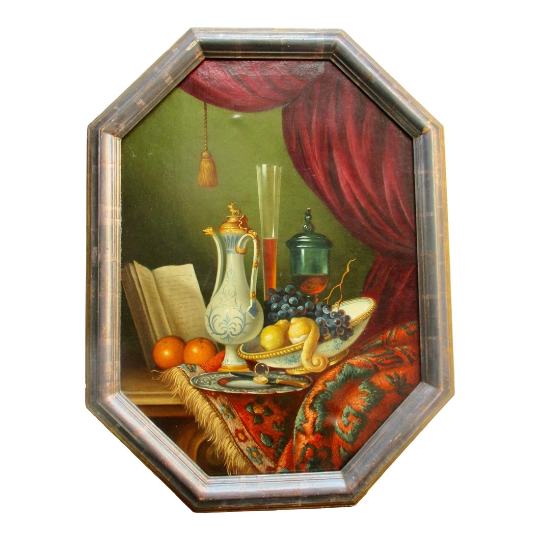 Antique Still-Life Oil on Octagon Canvas Unsigned Circa 1900: Classic still life of fruit and drink on a carpet. Composed in the Dutch manner with velvet drapery and tassel. A delicate study of color and balance. No signature is found. Circa 1900 American The