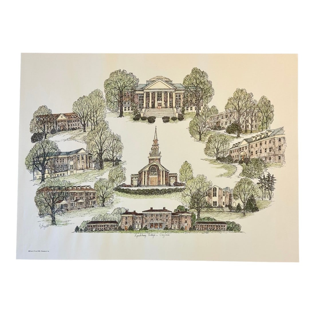 Lynchburg College Print by Liz Bryant: Original hand-colored print by Liz Bryant, 1978. Dimensions: 24" x 18" Condition: Alterations: Original Condition Unaltered Imperfections: Some Imperfections Condition Notes: Very good condition